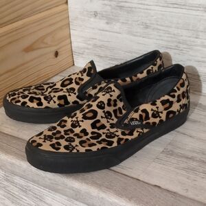 Vans Women's Black and Tan Leopard Slip-On Sneakers
